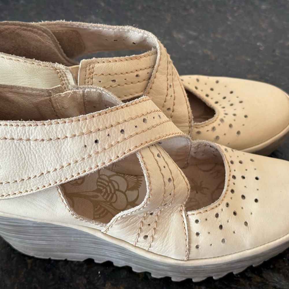 Fly London Cream Leather Wedge Mary Jane Shoes